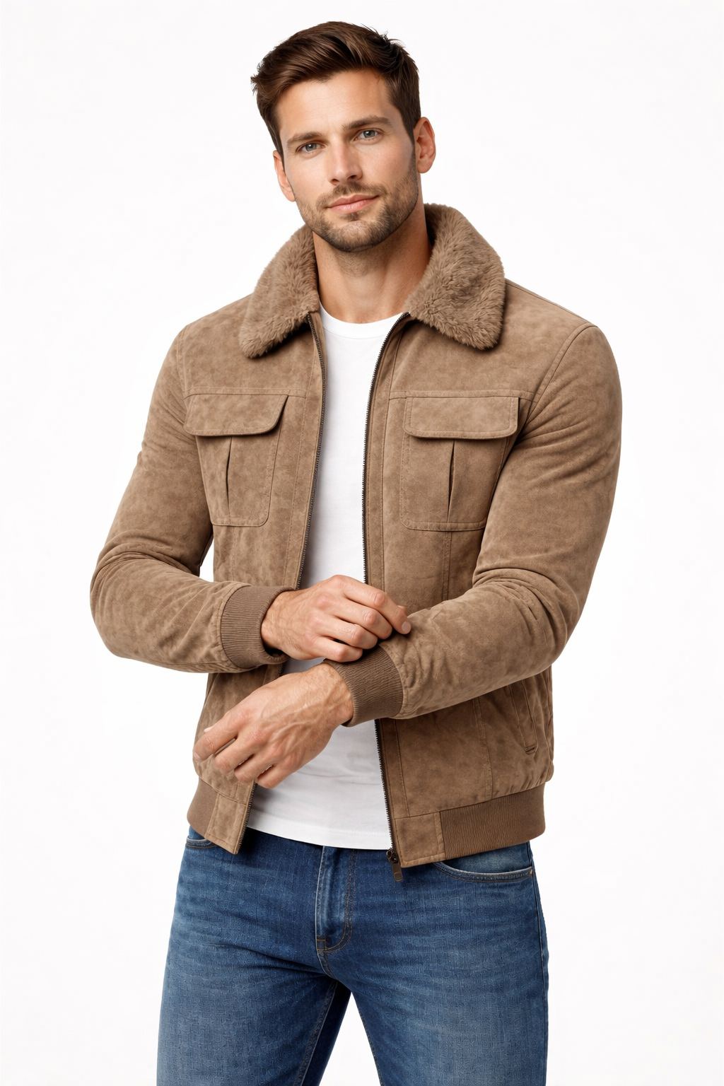 Men’s Structured Zip Front Jacket with Textured Outer Shell Faux Fur Style