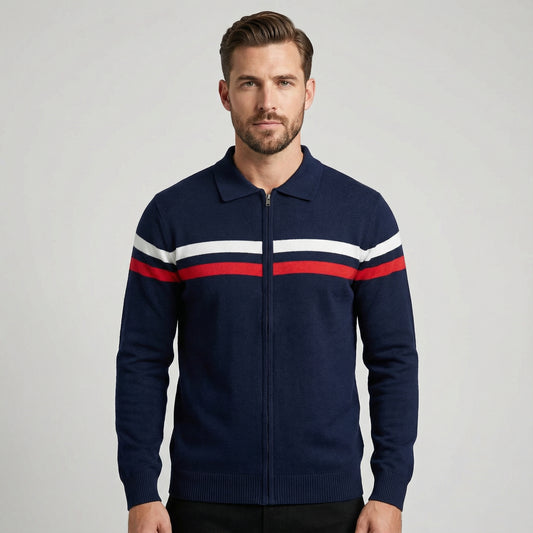 Men’s Navy Knitted Zip Front Long Sleeve Shirt With Contrast Stripe