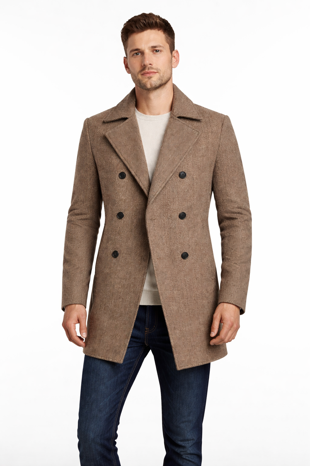 Men’s Wool Herringbone City Coat with Notched Collar