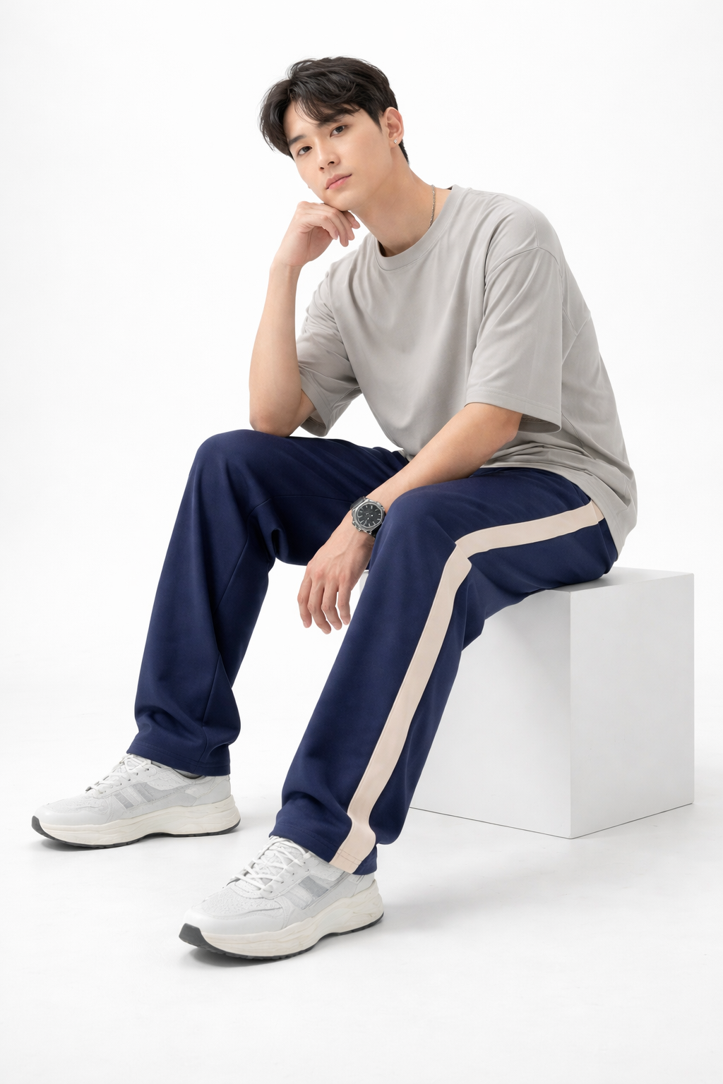 Side Stripe Wide-Leg Drawstring Trousers