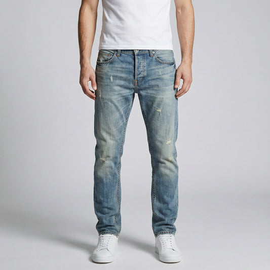Men’s Distressed Denim Jeans With Straight Fit Button Fly And Worn Texture
