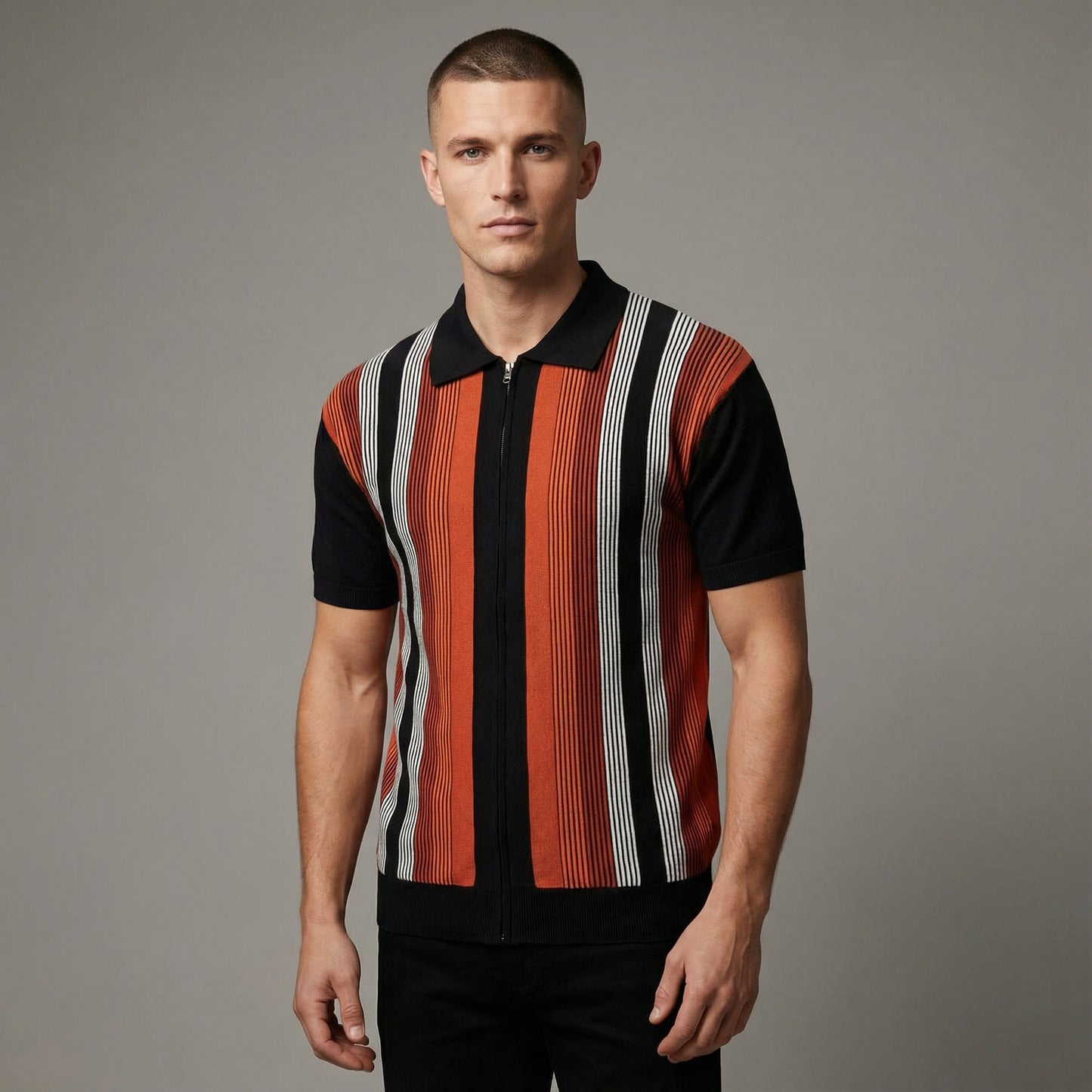Men’s Black Knit Short Sleeve Polo Shirt With Vertical Stripe Pattern And Zip Collar