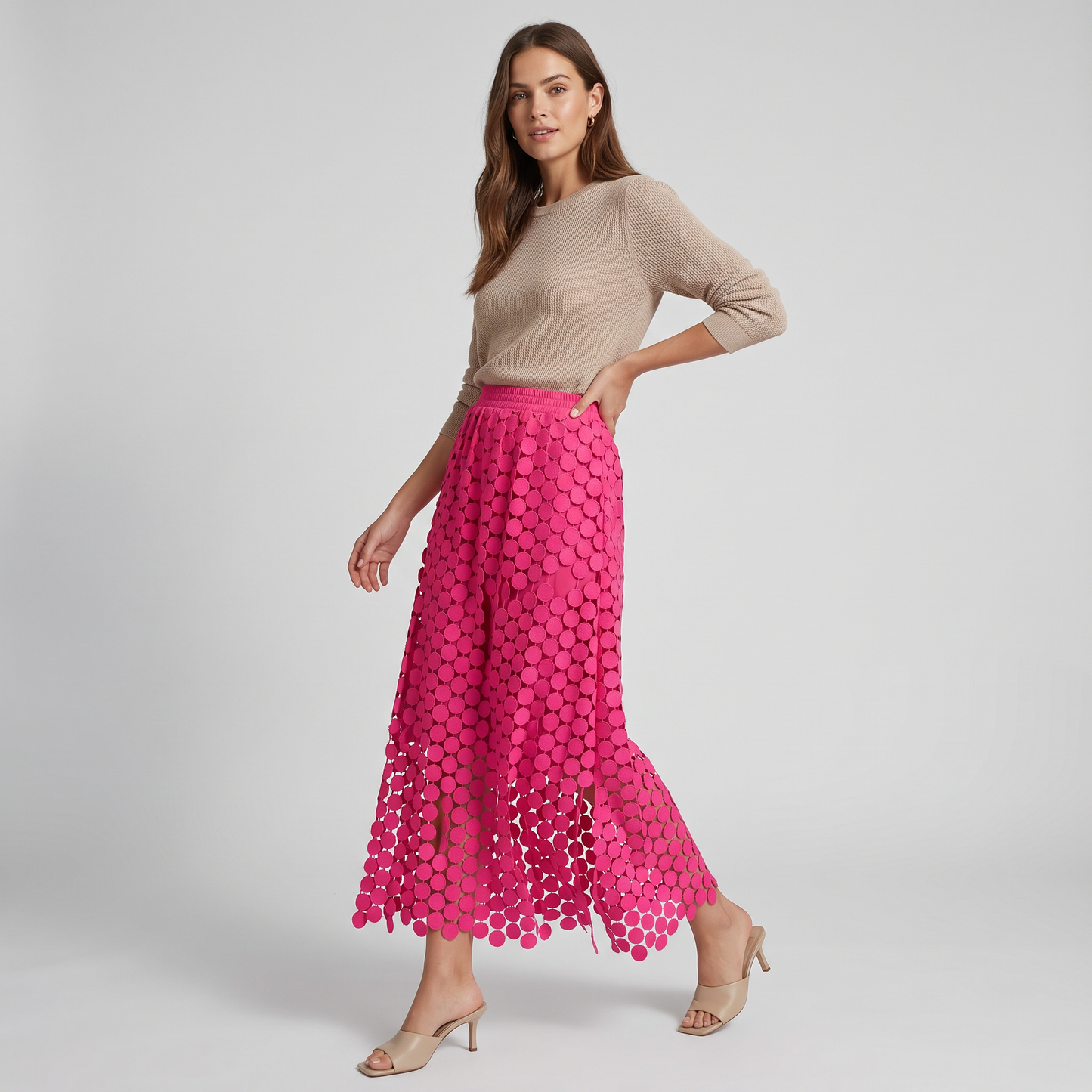 Celeste midi-rok met schijfvormige franjes