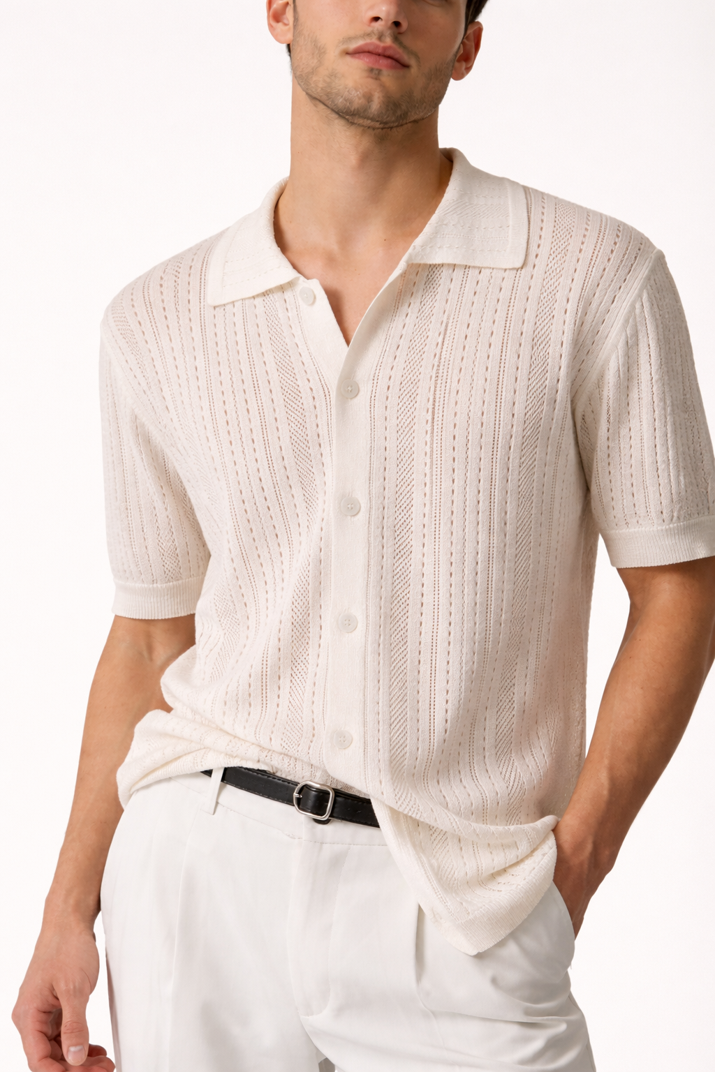 Ivory Strand Open-Knit Button Shirt