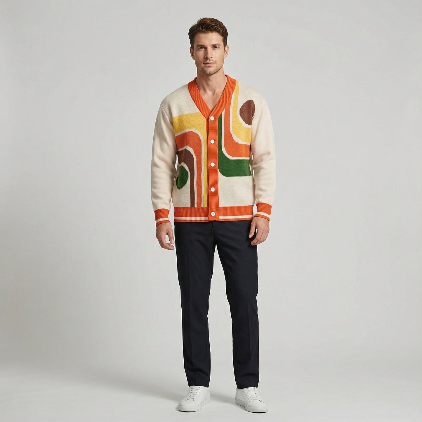 Men’s Cream Knit Button Front Cardigan With Graphic Pattern