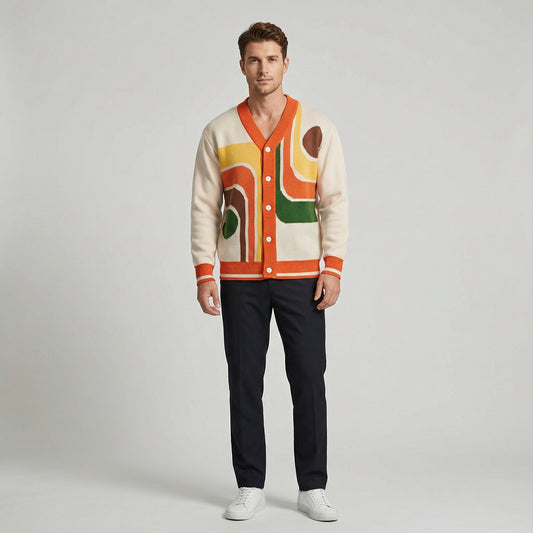 Men’s Cream Knit Button Front Cardigan With Graphic Pattern