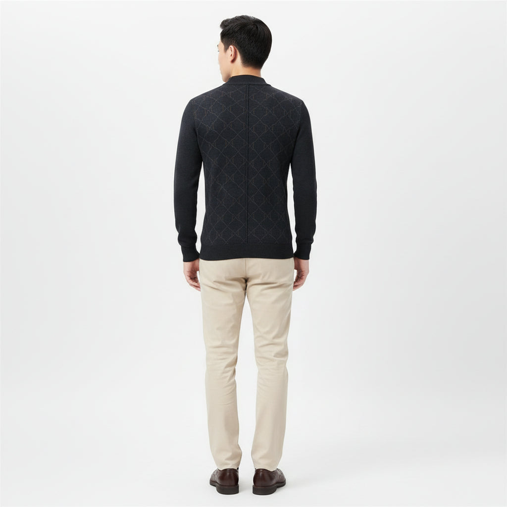 Men’s Dark Knit Long Sleeve Sweater With Geometric Pattern