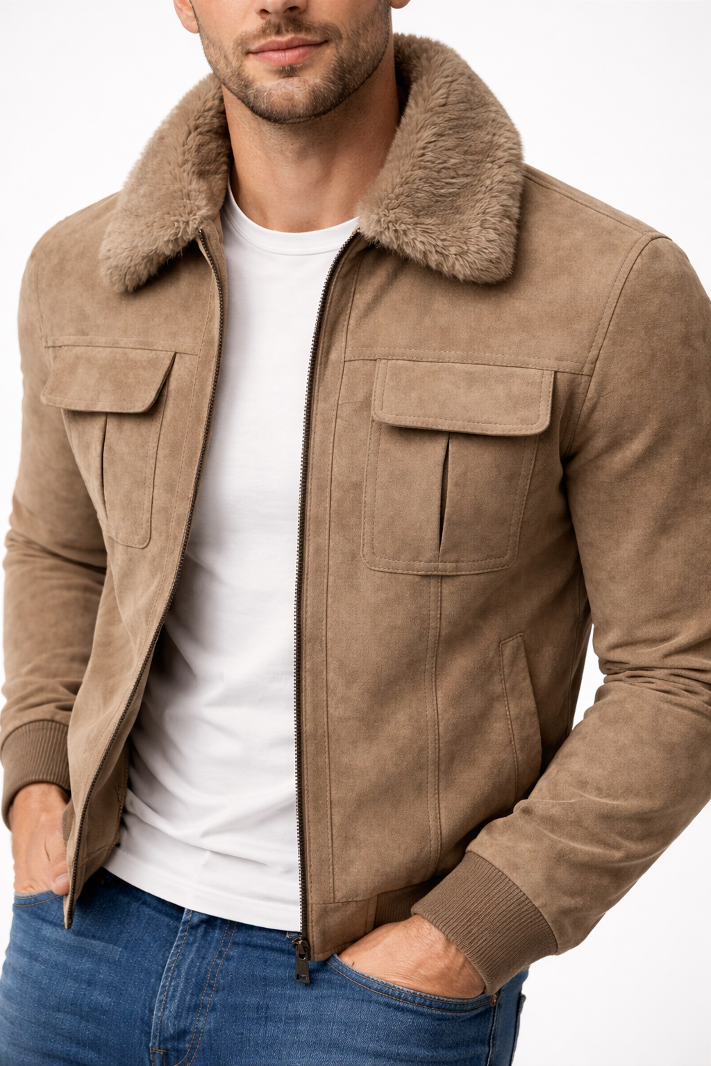 Men’s Structured Zip Front Jacket with Textured Outer Shell Faux Fur Style