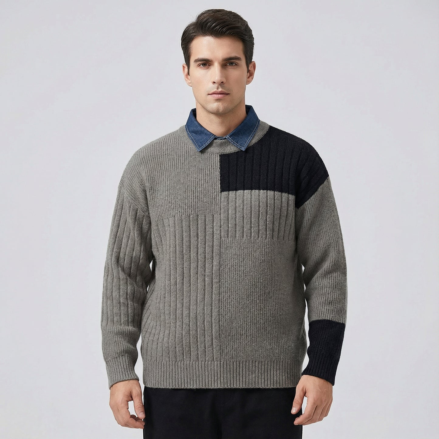 Men’s Patchwork Knit Long Sleeve Sweater with Collar