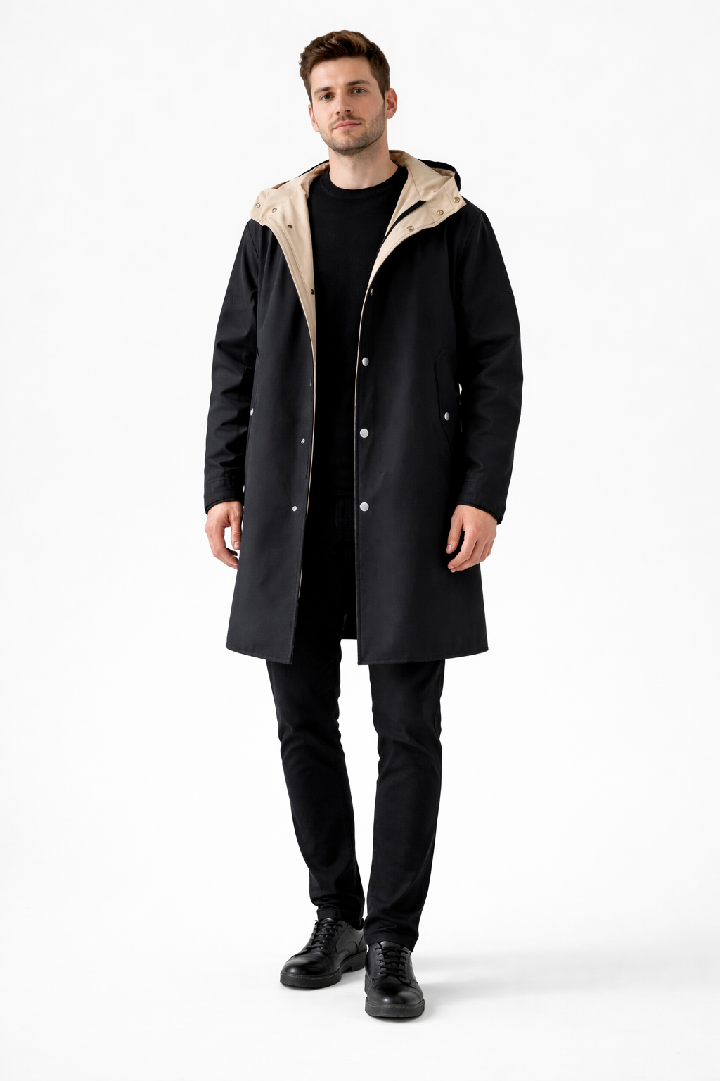 Men’s Long Hooded Coat with Button Front Clean Panel Design