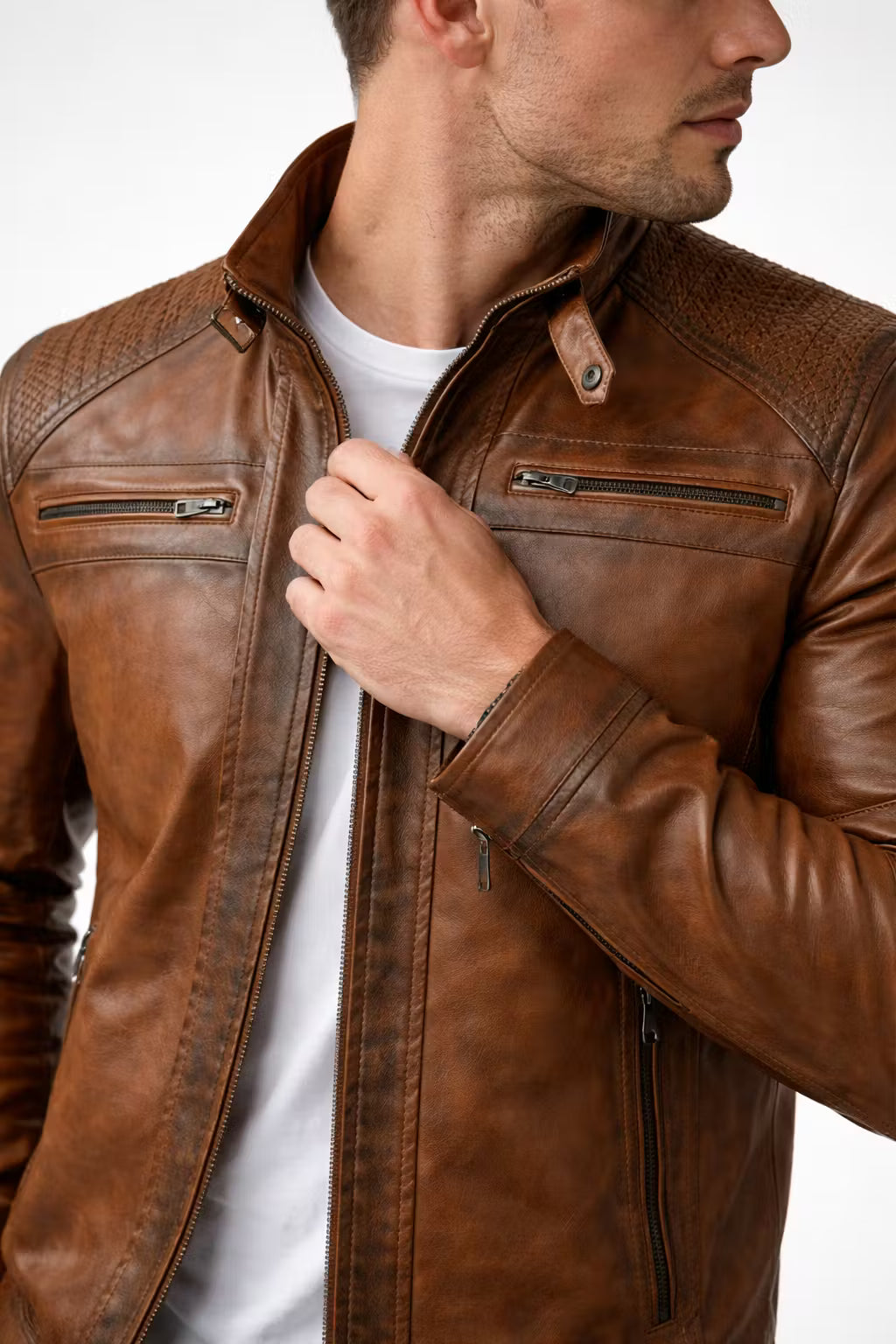 Men’s Brown Coated Textile Zip Jacket with Structured Seam Detailing High Collar