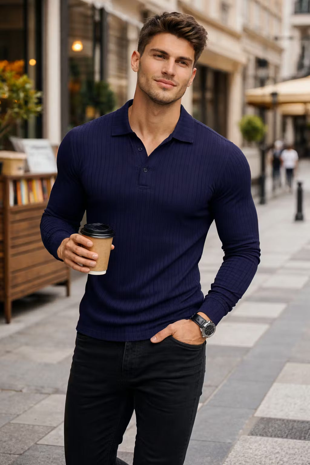 Ribbed Knit Long Sleeve Polo Shirt