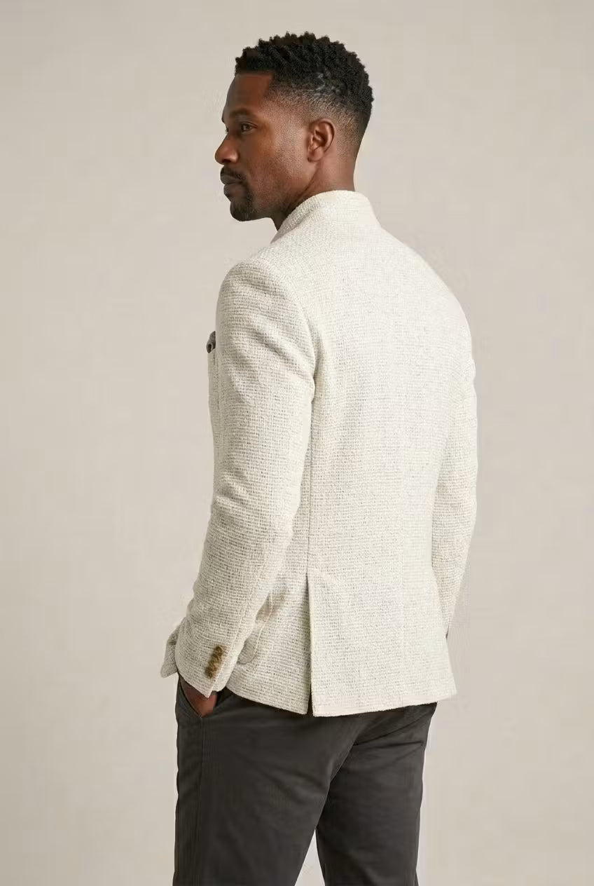 Ivory Textured Mandarin Collar Blazer