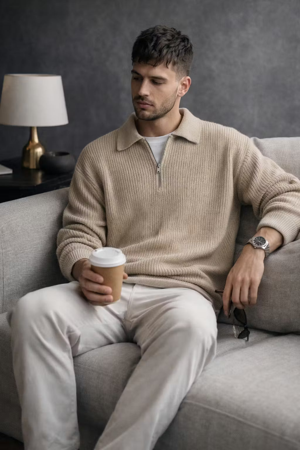Rib Knit Half-Zip Collared Sweater