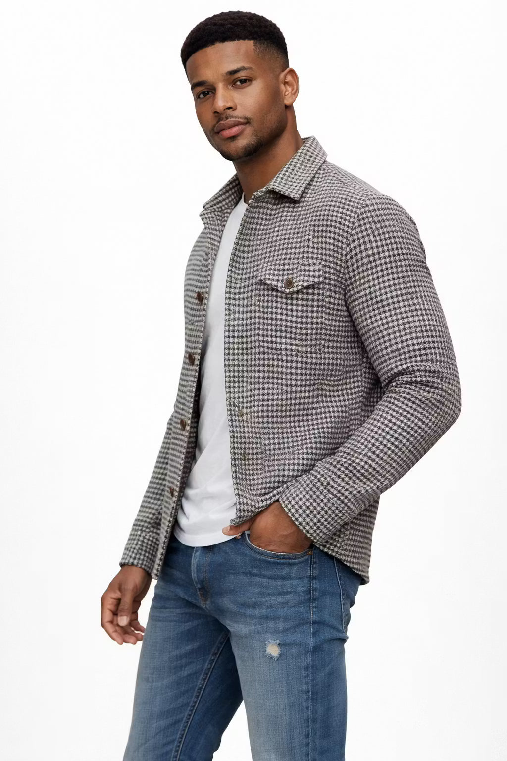 Textured Check Button Shirt Jacket