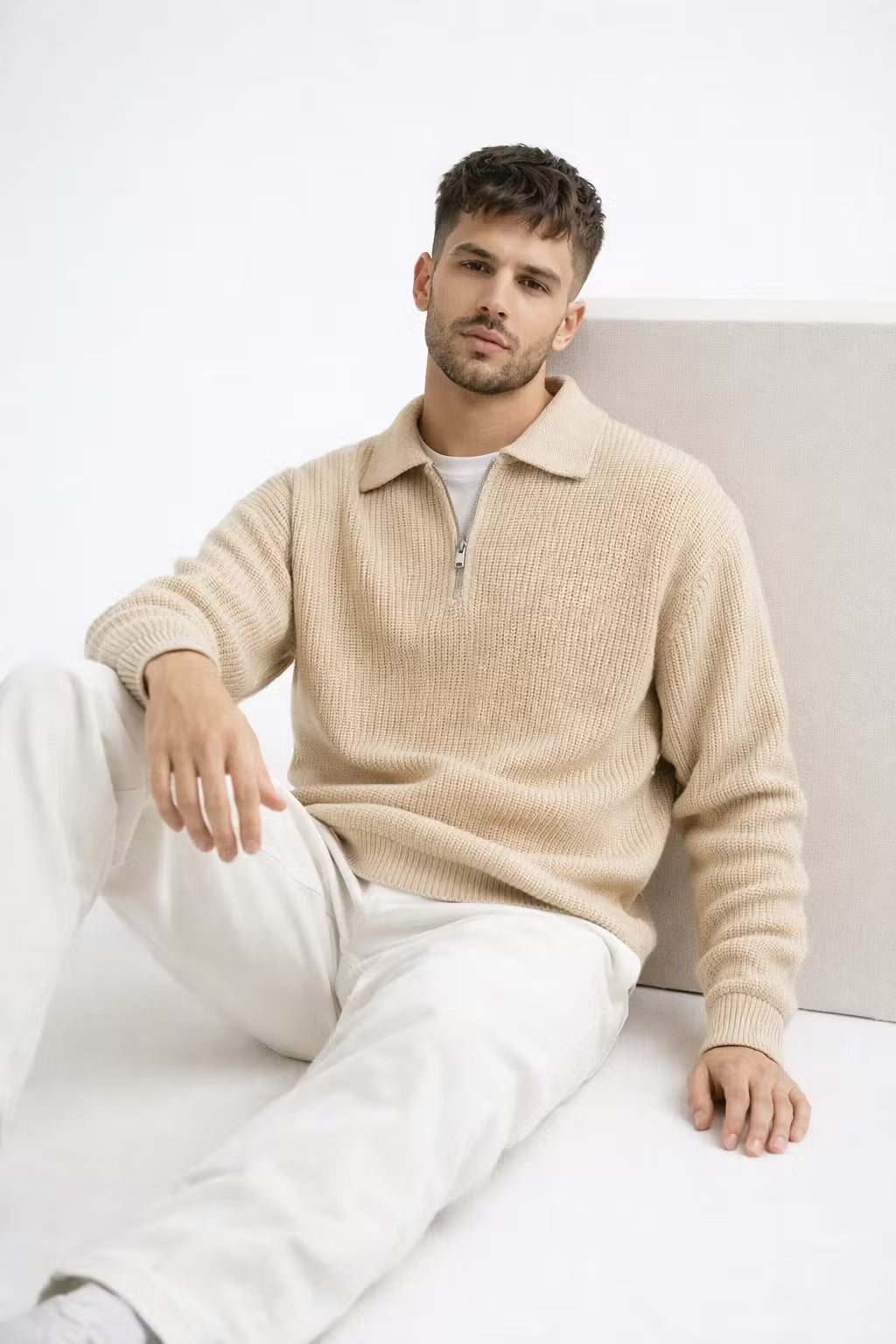 Rib Knit Half-Zip Collared Sweater