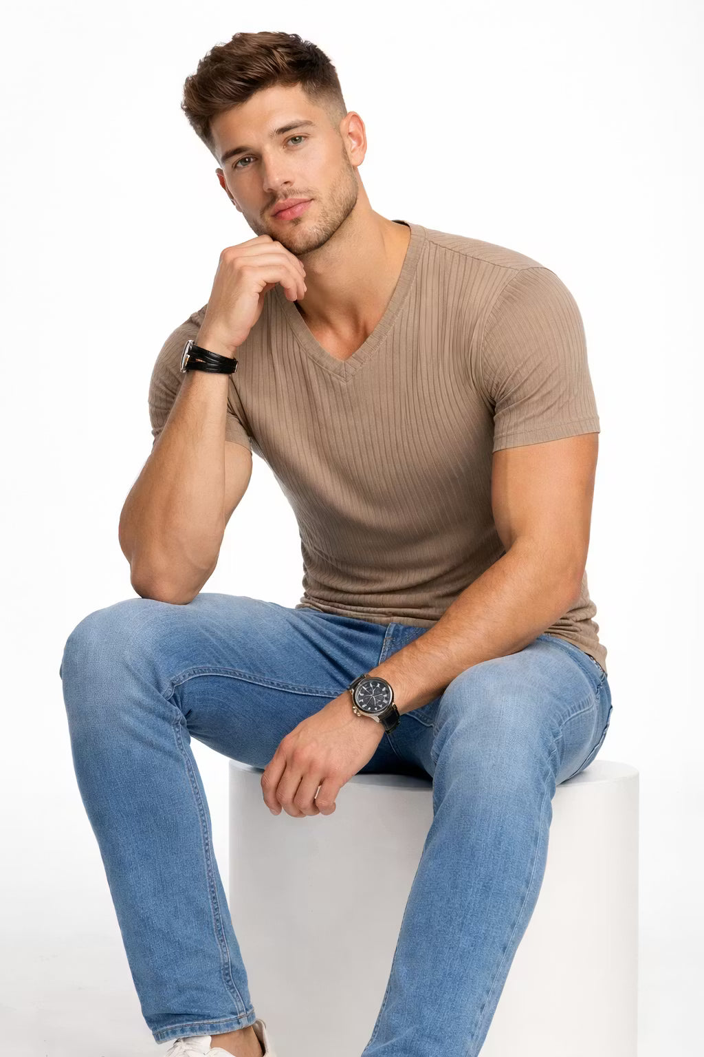 Ribbed Knit V-Neck T-Shirt