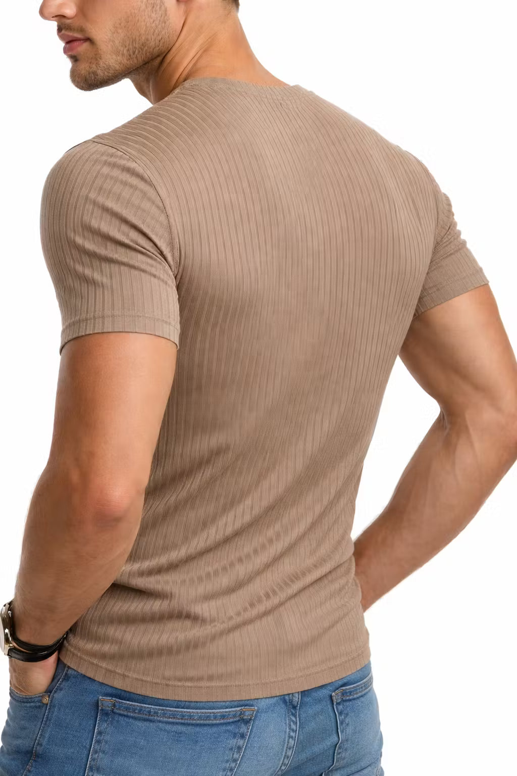 Ribbed Knit V-Neck T-Shirt