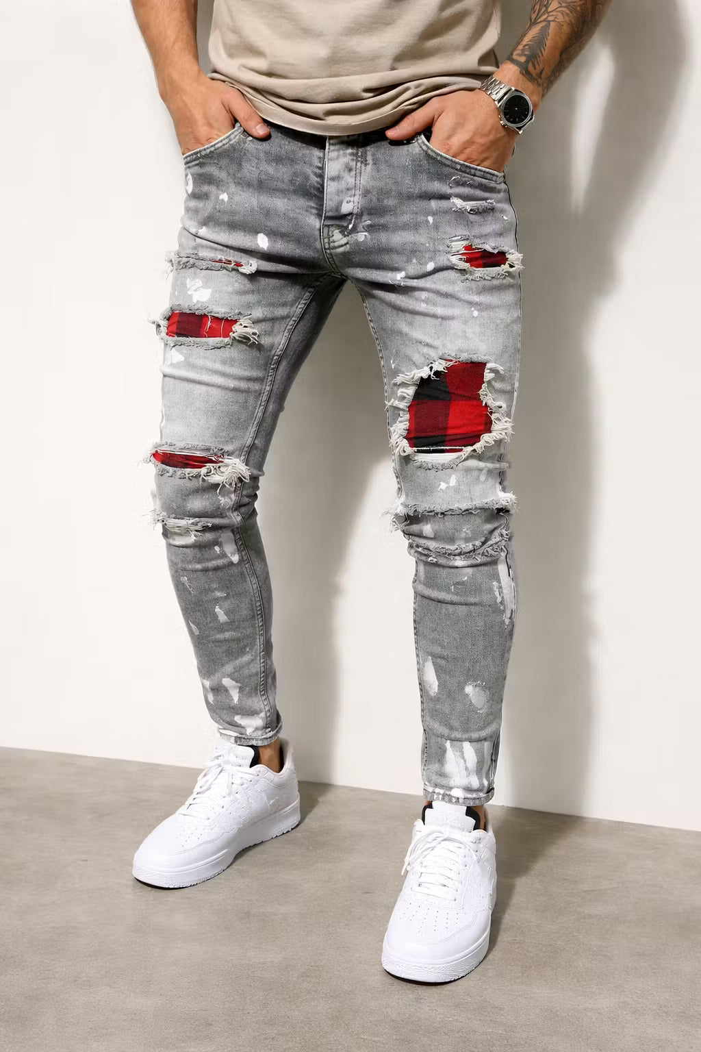 Grey Distressed Patch Jeans