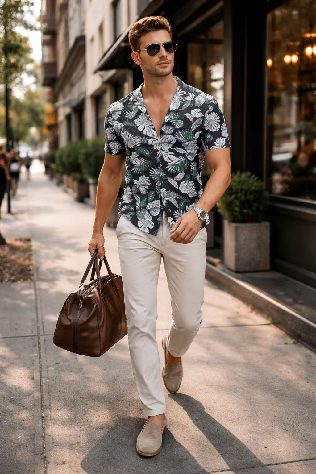 Mediterranean Palm Print Camp Collar Shirt