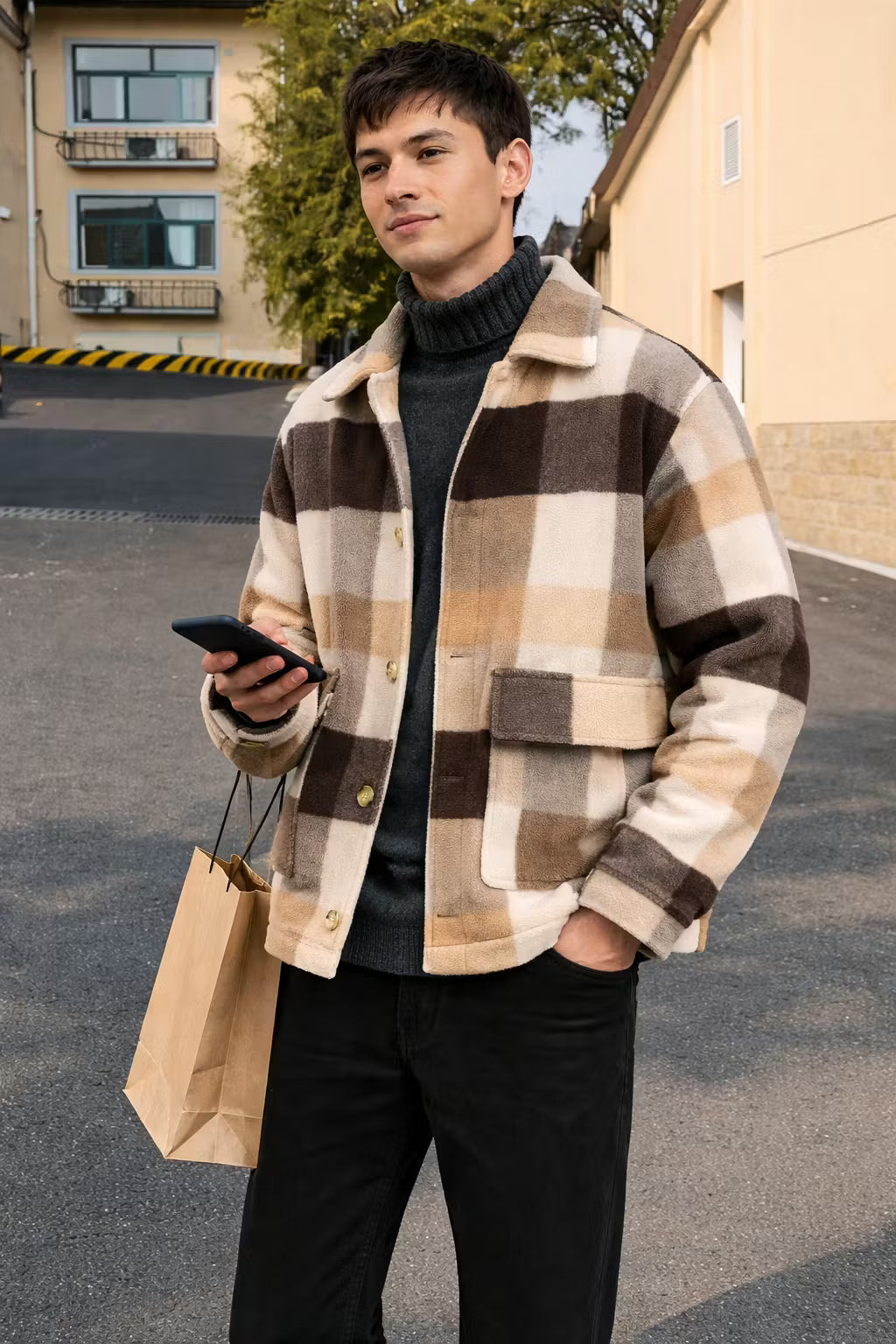 Check Pattern Wool Blend Overshirt Jacket