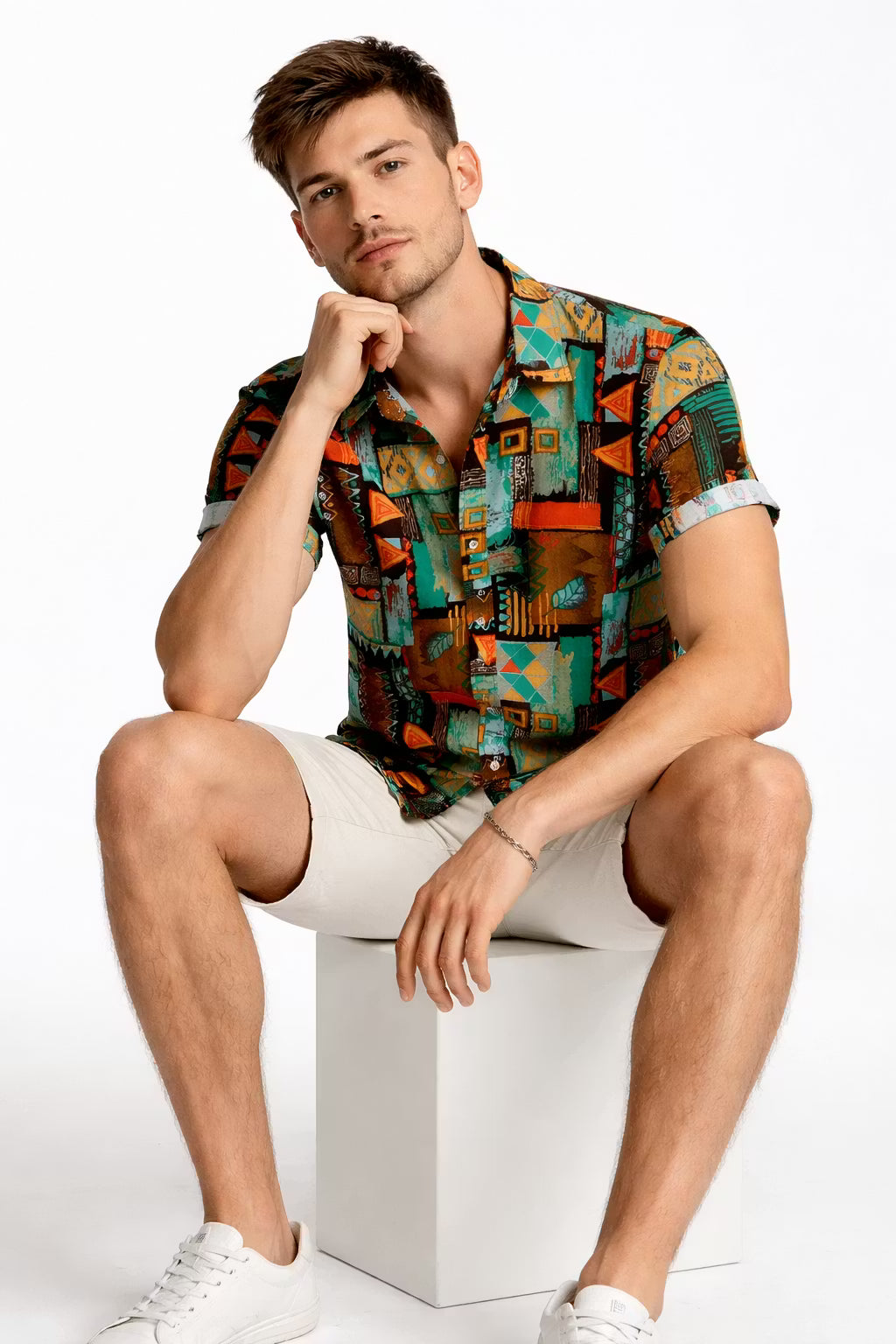 Geometric Tribal Print Short Sleeve Button Shirt