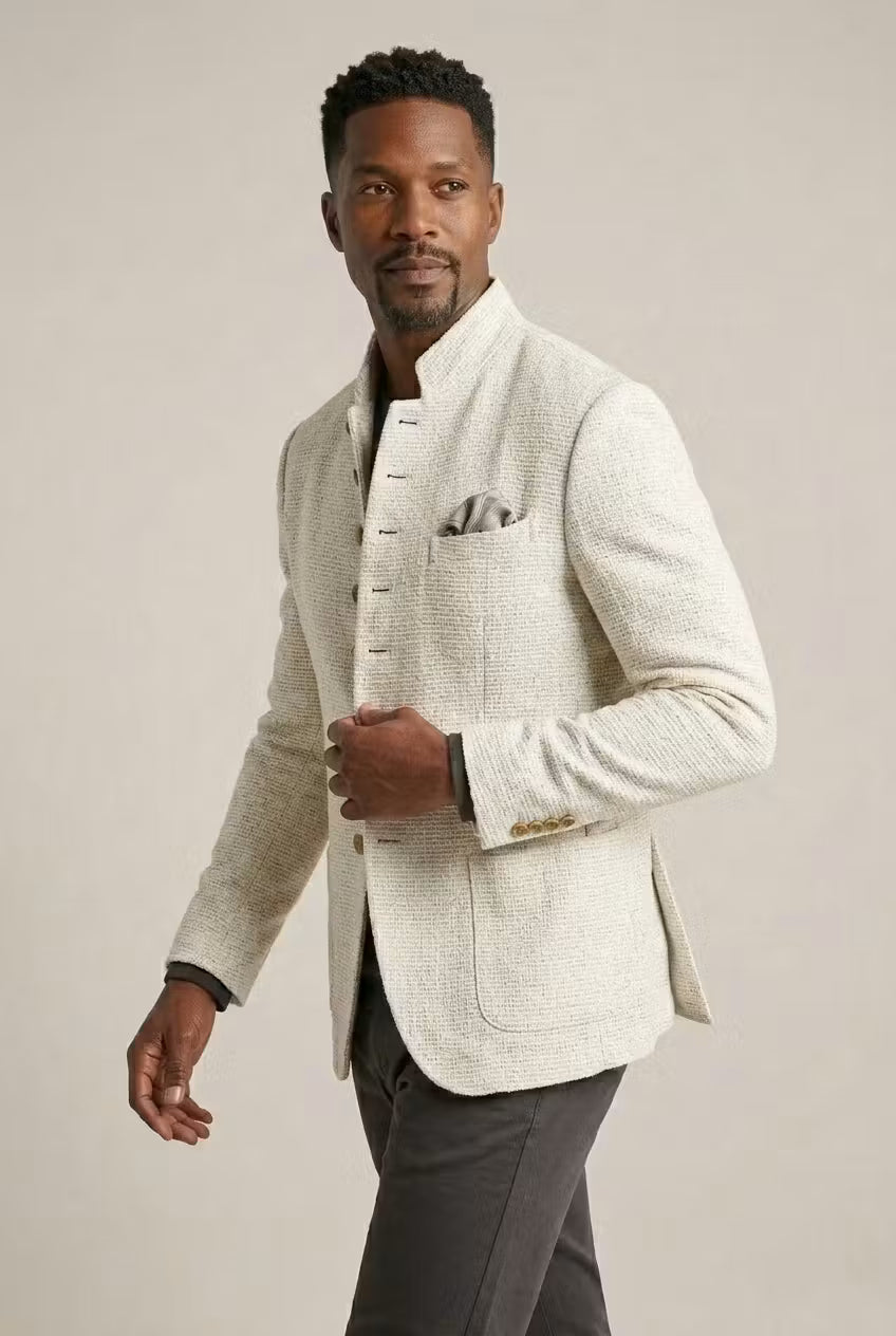 Ivory Textured Mandarin Collar Blazer