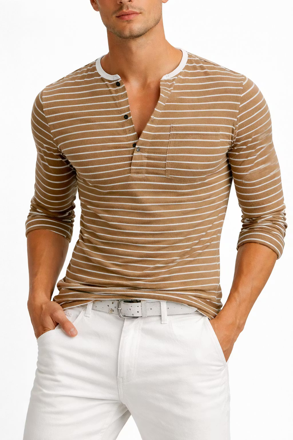 Striped Button Henley Long Sleeve Shirt