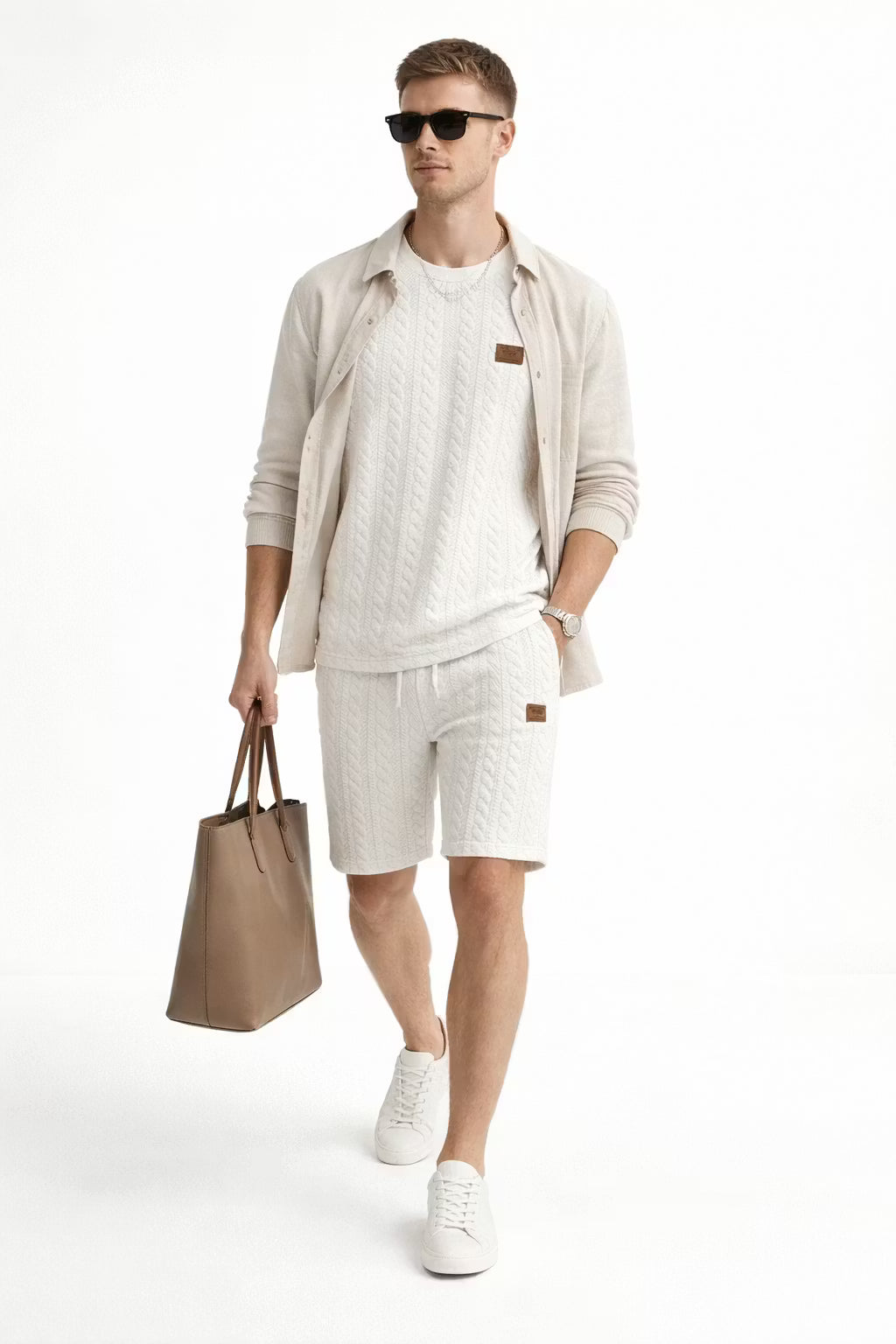 Cable Knit Textured T-Shirt and Drawstring Shorts Set