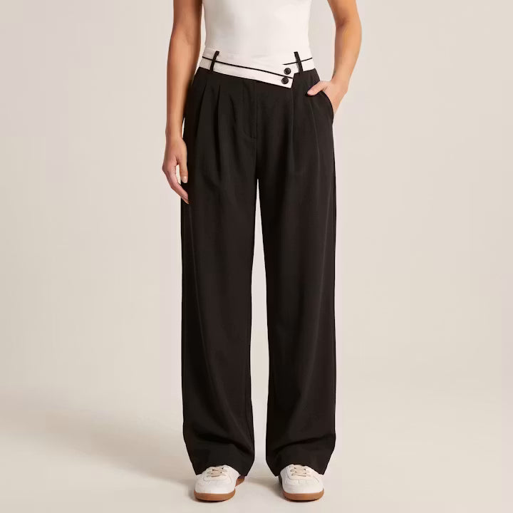Vesper broek met contrasterende tailleband en wijde pijpen