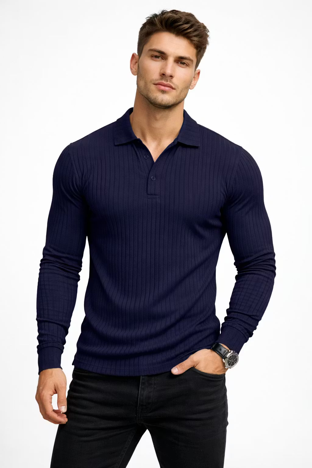 Ribbed Knit Long Sleeve Polo Shirt