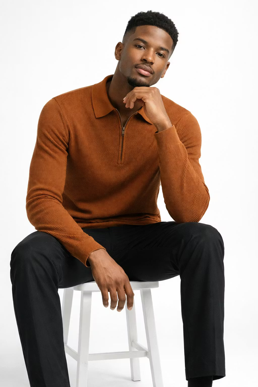 Waffle Knit Half-Zip Collared Sweater