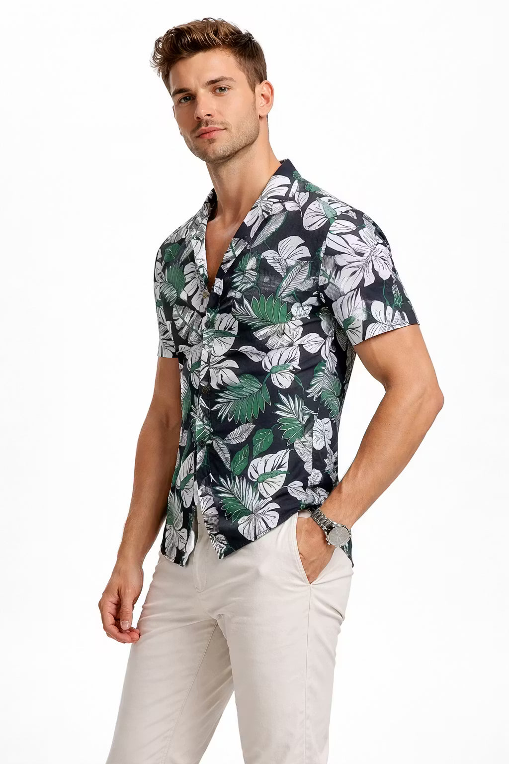 Mediterranean Palm Print Camp Collar Shirt