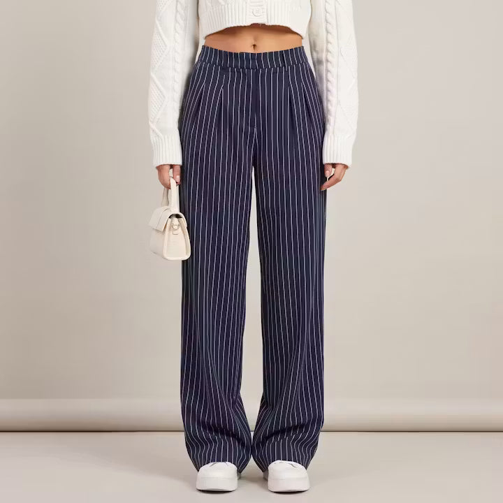 Marin Krijtstreep broek met wijde pijpen