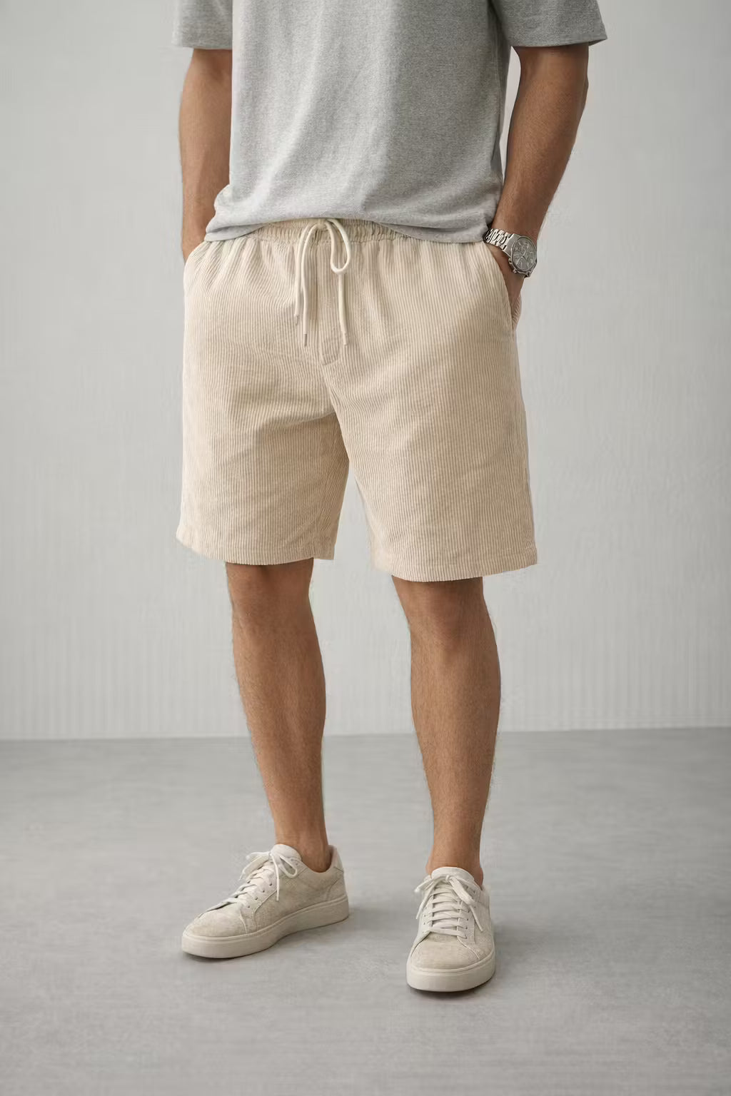 Ribbed Corduroy Drawstring Shorts
