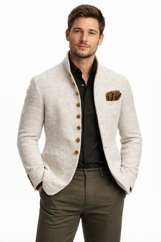 Ivory Textured Mandarin Collar Blazer