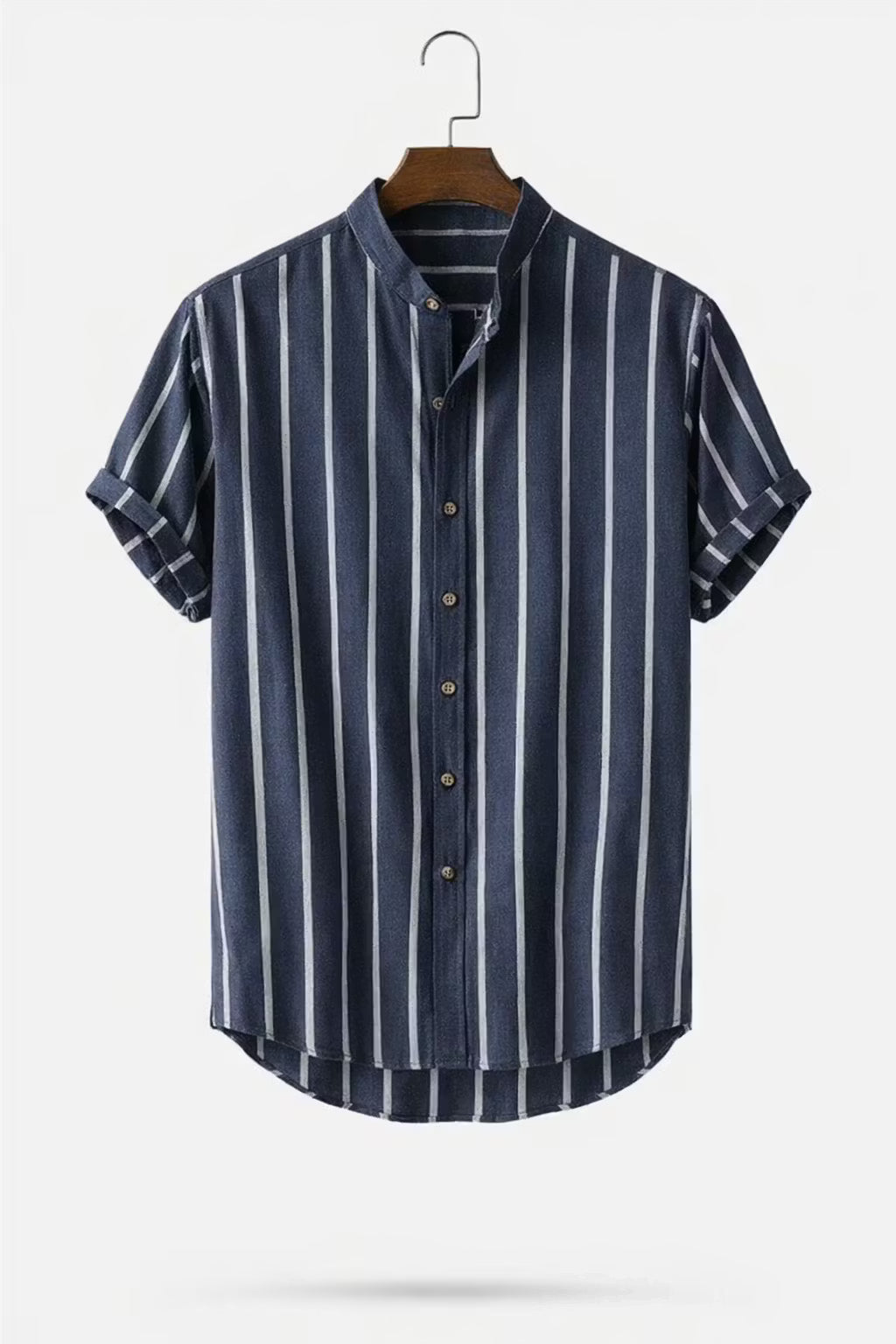 Vertical Stripe Stand Collar Short Sleeve Shirt - Set Option