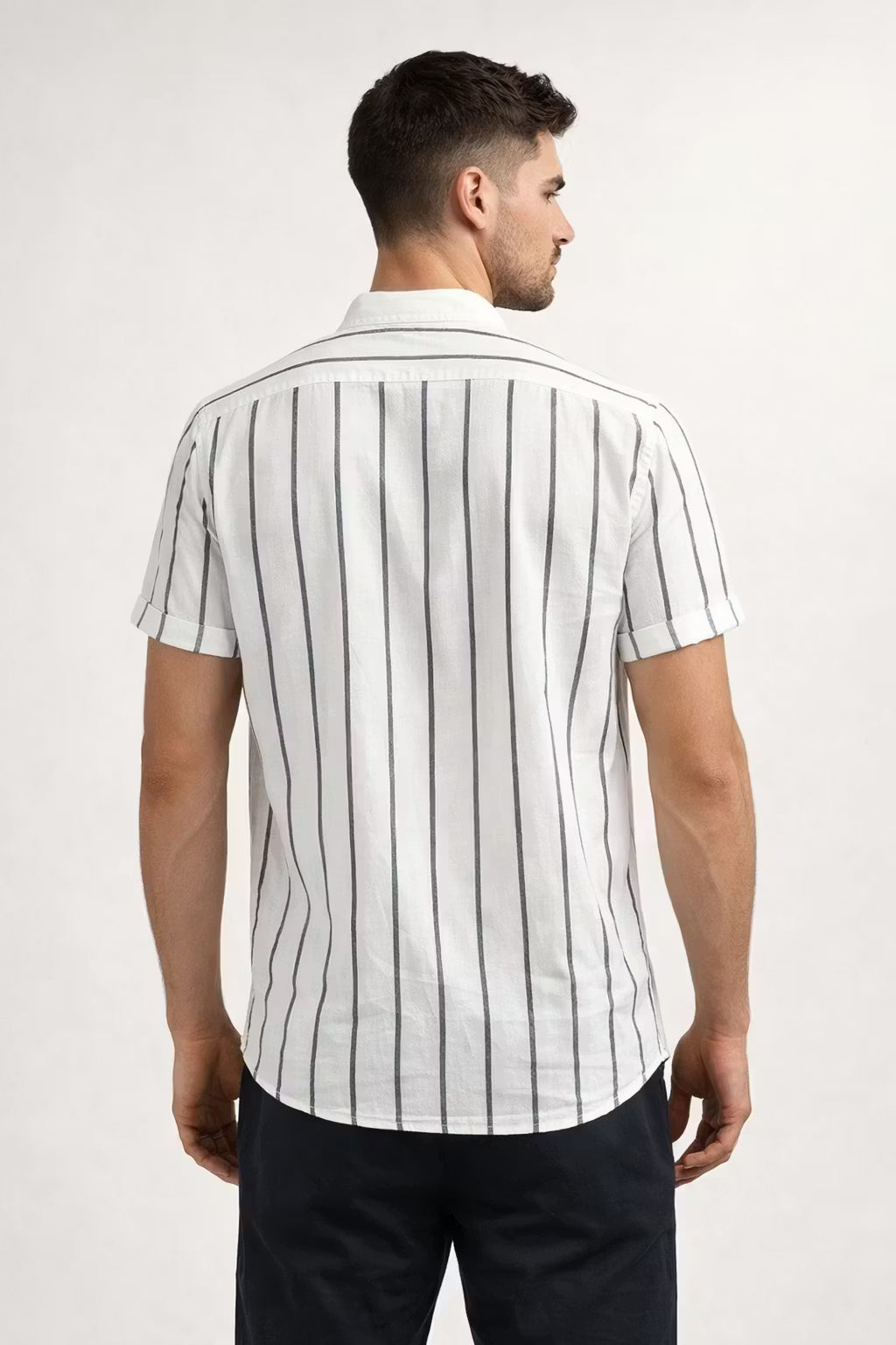 Vertical Stripe Stand Collar Short Sleeve Shirt - Set Option