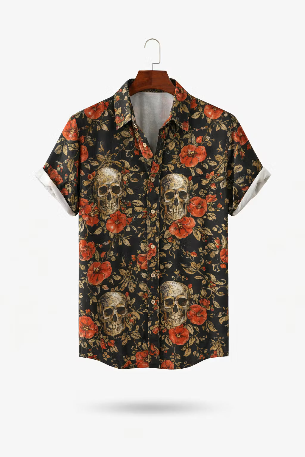 Floral Skull Print Short Sleeve Button Shirt