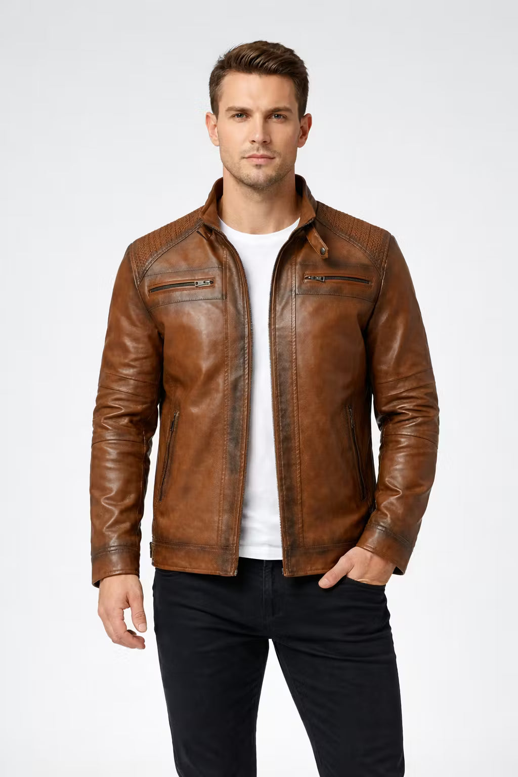 Men’s Brown Coated Textile Zip Jacket with Structured Seam Detailing High Collar