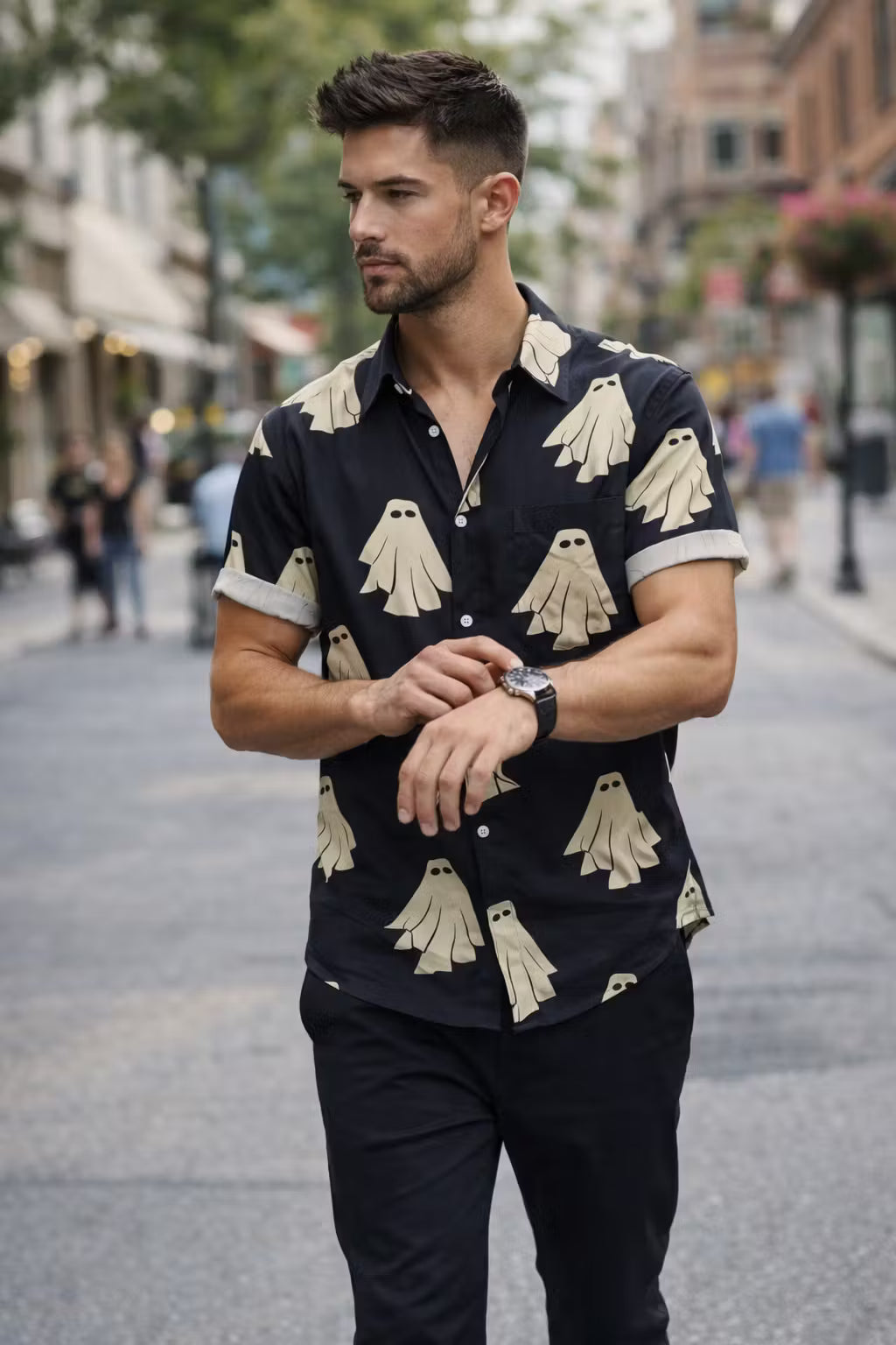 Ghost Print Short Sleeve Button Shirt