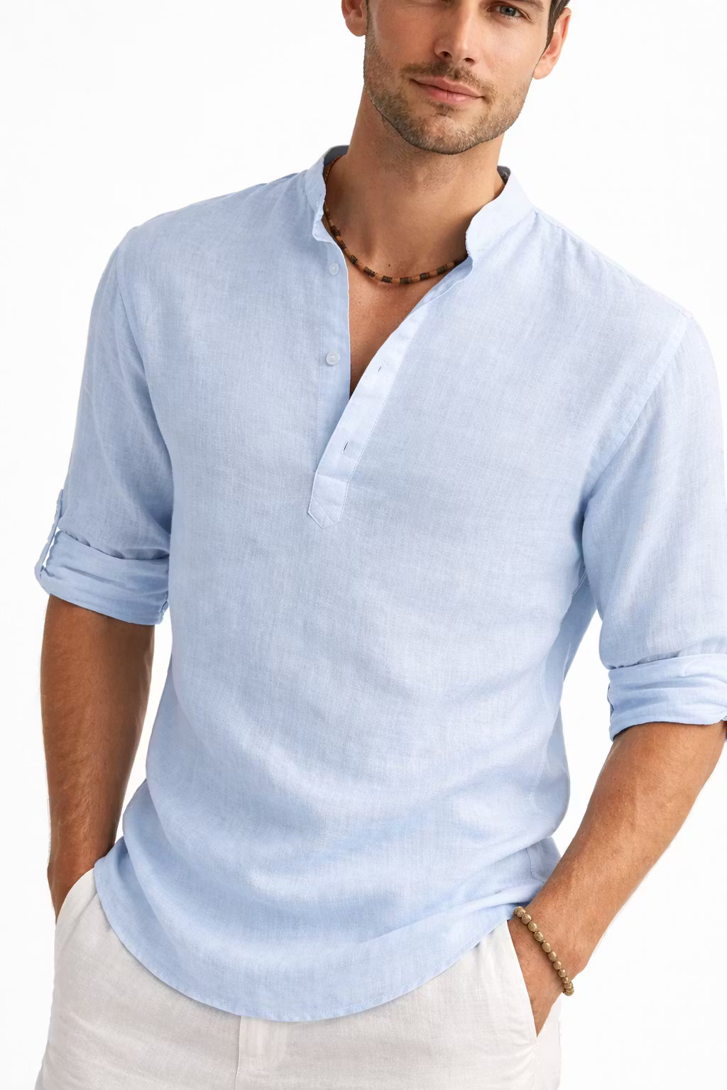 Textured Linen-Blend Half Placket Shirt