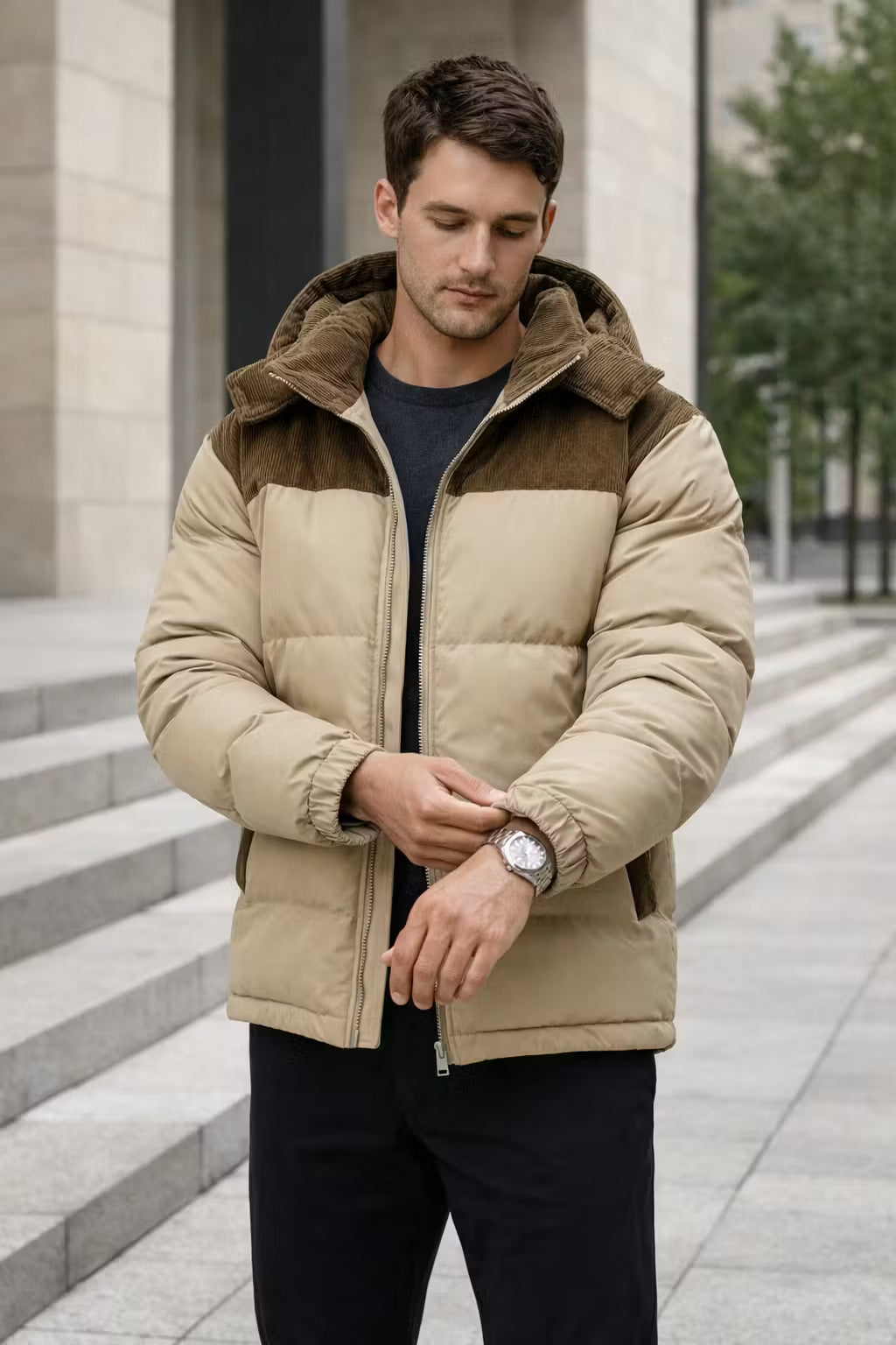 Corduroy Panel Cotton Filled Hooded Puffer Jacket