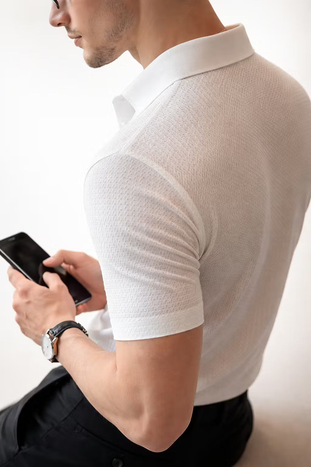 Stretch Waffle Pattern Polo Shirt