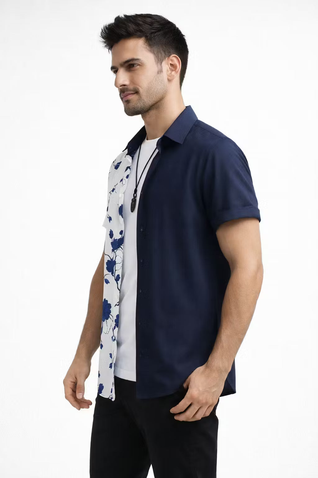 Dual Panel Floral Print Short Sleeve Button Shirt