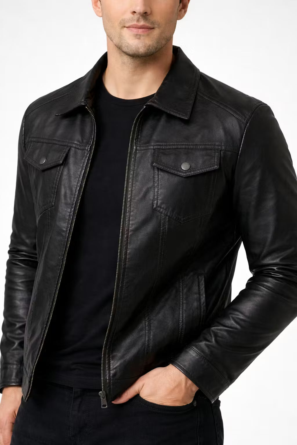 Men’s Black Coated Textile Zip Jacket with Structured Panel
