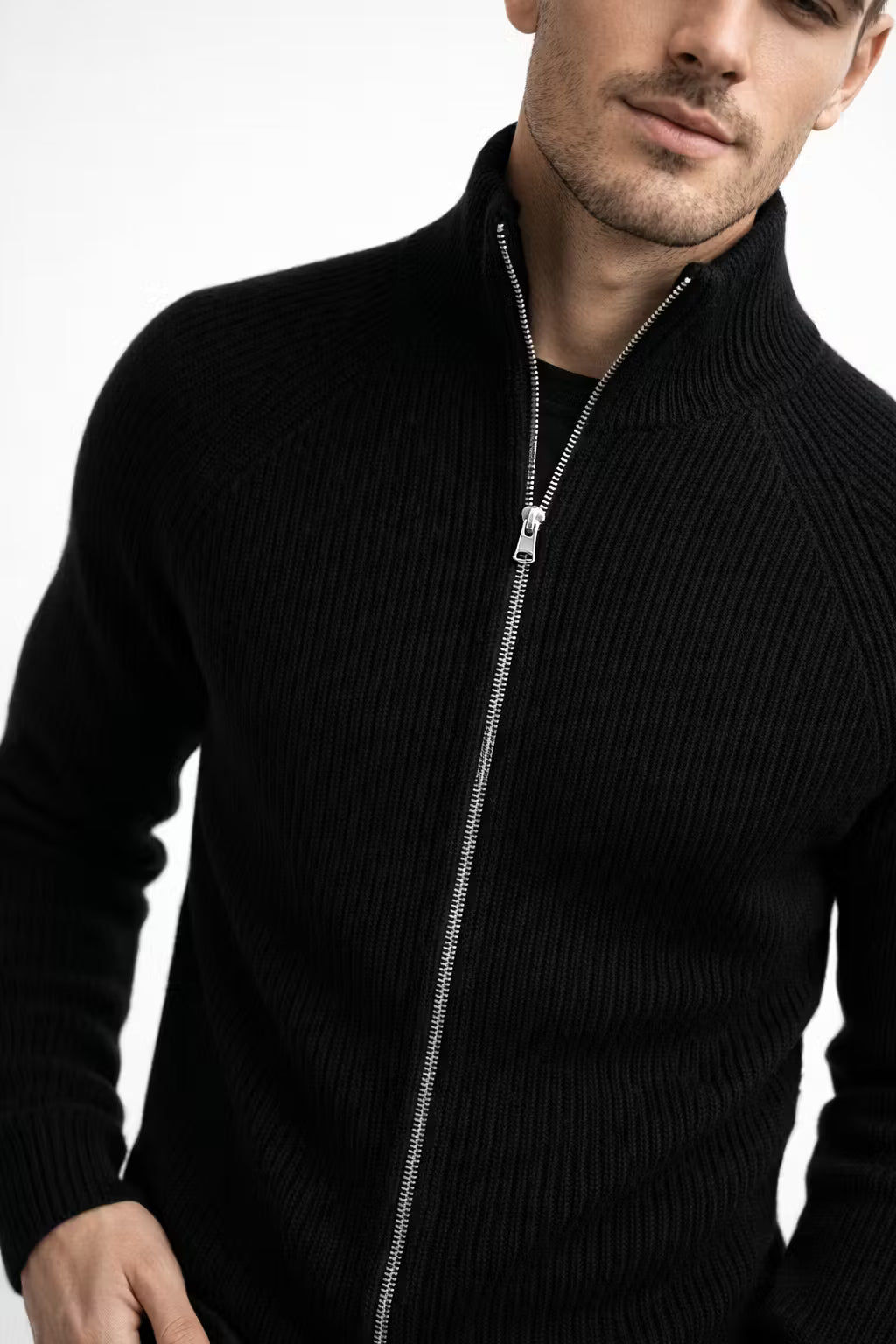 Ribbed Knit Zip-Up Cardigan