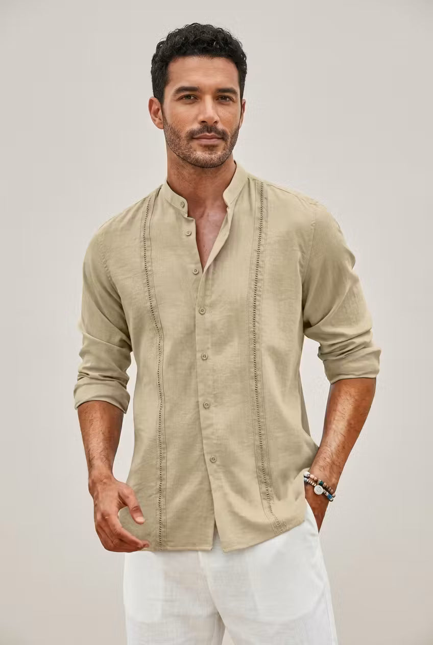 Textured Mandarin Collar Button Shirt