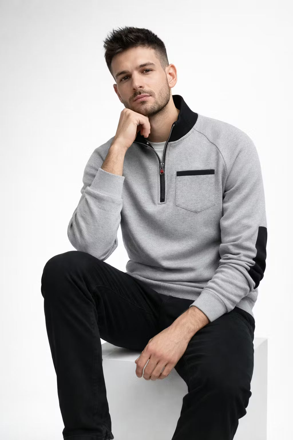 Men’s Quarter Zip Long Sleeve Pullover with Patched Elbows