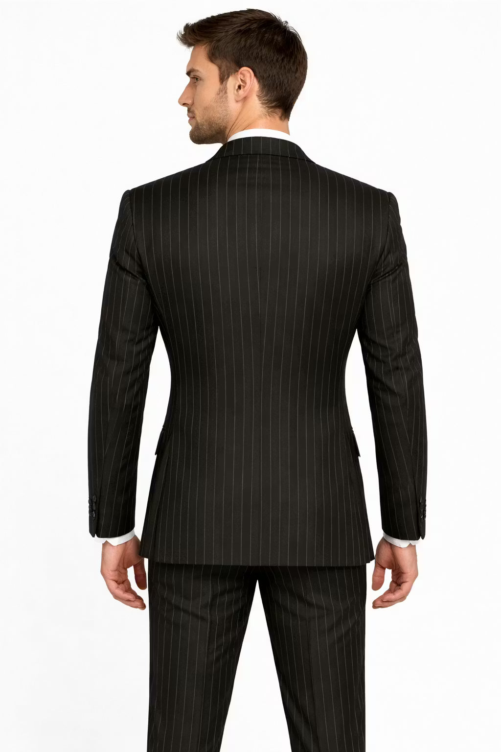Men’s Black Pinstripe Three Piece Suit With Jacket Vest And Trousers